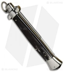 AGA Campolin 15" Ring Pull Automatic Italian Stiletto Dark Horn (7" Satin Bayo) -Automatic Knives Shop aga campolin stilleto 15in dark horn bayo pull ring BP 5028 dl side