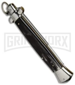 A.G.A. Campolin 15" Italian Stiletto Dark Horn Ring Pull Automatic Knife - Bayo 5 A.G.A. Campolin 15" Italian Stiletto Dark Horn Ring Pull Automatic Knife - Bayo -Automatic Knives Shop aga campolin stilleto 15in dark horn bayo pull ring BP 5028 dl side large