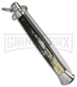 A.G.A. Campolin 18" Italian Stiletto Brazilian Horn Ring Pull Auto Knife - Bayo -Automatic Knives Shop aga champolin 18in stiletto brazilian horn bayo BP 18398 er side large