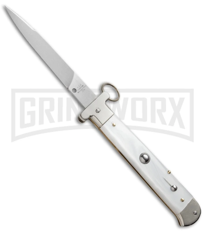 AGA Campolin 9" Francese Ring Pull White Pearlex Automatic Knife - Flat 1 AGA Campolin 9" Francese Ring Pull White Pearlex Automatic Knife - Flat